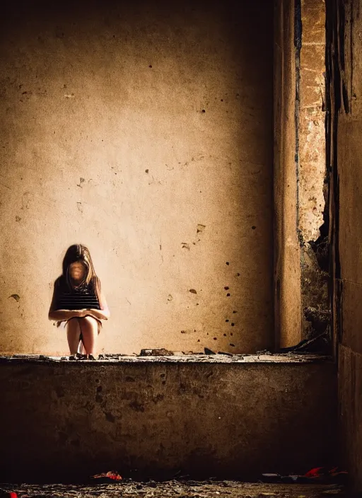 Prompt: a photograph of a sad lonely little girl facing away from the camera sitting at the center of a large dilapidated broken down cathedral with broken tiles, canon 5 0 mm lens, hyper realistic, night, cinematic lighting
