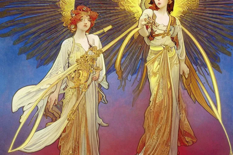 Image similar to glorious beautiful painting of Japanese female angel with flaming sword and golden wings, heavenly background and heavenly light, feminine figure, by James Jean and Alphonse mucha, Neo-Gothic, gothic, Art Nouveau, rich deep moody colors