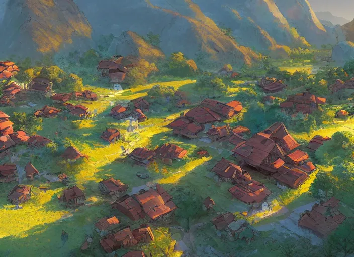 Image similar to concept art painting of a small woodland village in a valley seen from above, european japanese buildings, early morning, cel shaded, detailed, realistic, by makoto shinkai and moebius and anton fadeev and james gurney