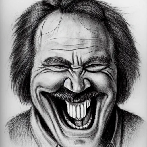 Image similar to ernest hemmingway laughing, demented, scary pencil sketch