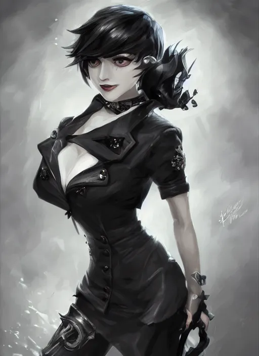 Image similar to a highly detailed illustration of beautiful short black messy haired woman wearing eyepatch!!! and noir style suit and tie, dramatic smiling pose, intricate, elegant, highly detailed, centered, digital painting, artstation, concept art, smooth, sharp focus, league of legends concept art, WLOP