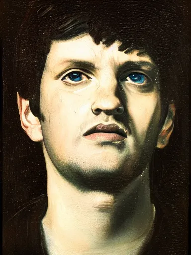 Prompt: an accurate portrait of ian curtis painted by rembrandt, black background, oil painting, baroque painting, highly detailed, impasto painting, 4 k