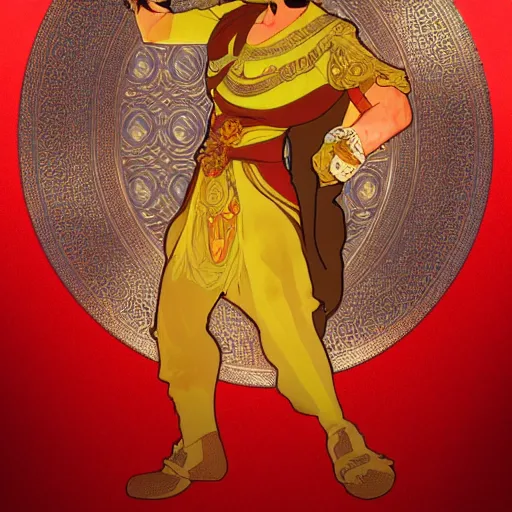 Image similar to an ultra detailed vector image of mario dressed as the prince of persia, concept art by alphonse mucha and greg rutkowski, bright red desert sands, bright yellow and red sun, octane render, liminal space