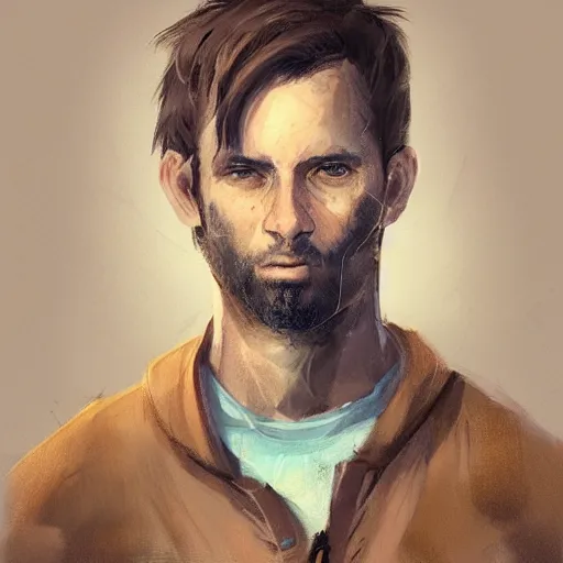 Prompt: Portrait of a man by Greg Rutkowski, he is about 30 years old, Nordic and Hebrew factions, messy brown short hair, strong, tired expression, father figure image, he is wearing a aegean blue utilitarian jumpsuit, highly detailed portrait, scifi, digital painting, artstation, concept art, smooth, sharp foccus ilustration, Artstation HQ.