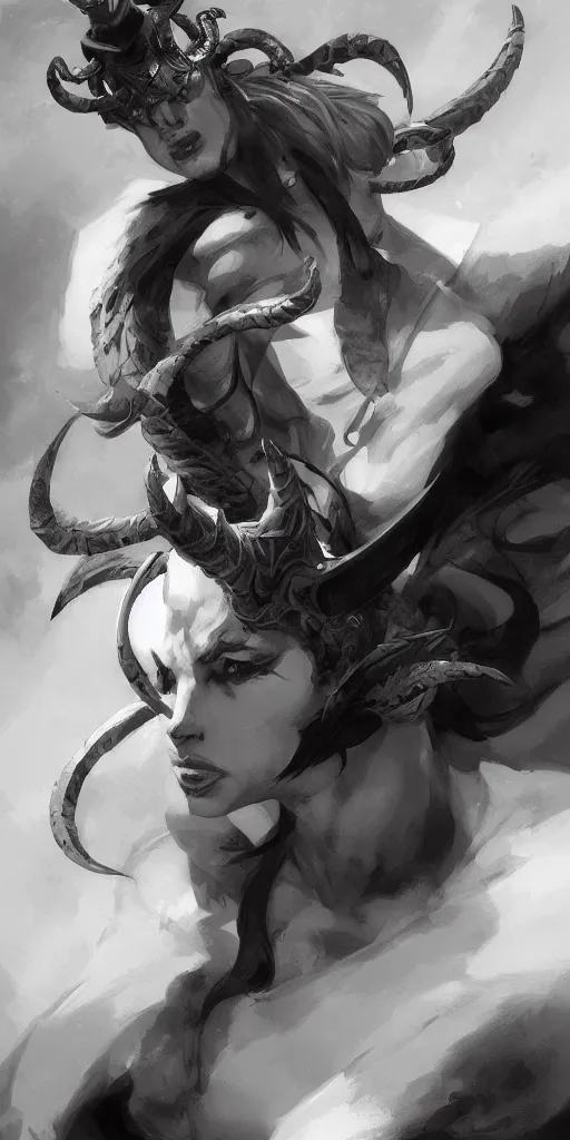 Prompt: highly detailed beautiful black and white photography of a tiefling, sharp focus, dynamic lighting, elegant harmony, beauty, masterpiece, by riccardo federici, by craig mullins, by greg tocchini, by greg rutkowski