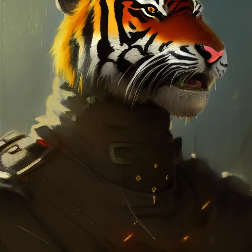 Image similar to portrait male anthro tiger dressed in military clothes character full body precis no blur, concept art, character sheet, nier automata, gaston bussiere, greg rutkowski, tsutomu nihei, cyberpunk, trending on artstation, featured on pixiv, hyper detail, cinematic composition, 8 k, detaiped face