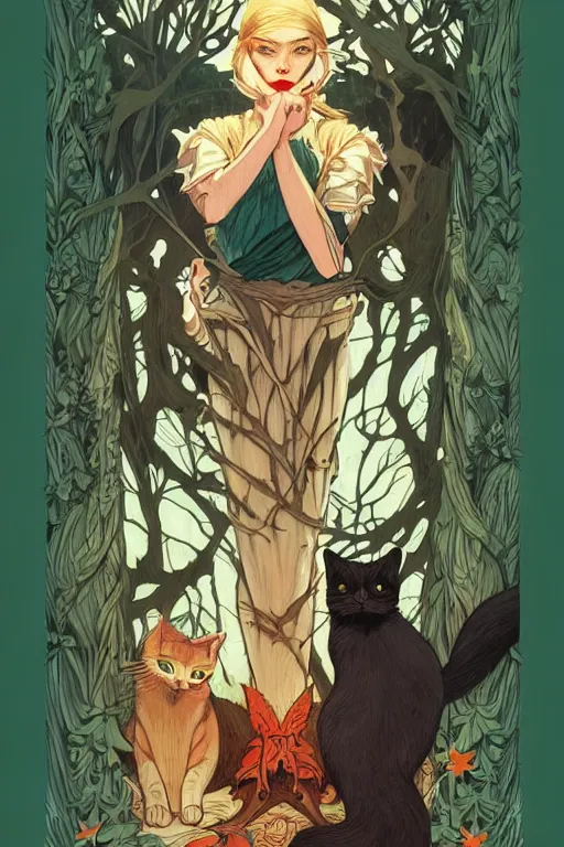 Image similar to concept art design illustration, forest, cat, witch, fantasy book cover illustration!!, 1 6 colors, logo, ink drawing, art by jc leyendecker and sachin teng