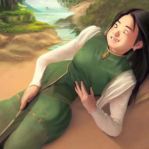 Prompt: beautiful serene intricate photograph of toph beifong from the earth nation as a chinese young girl with pale green eyes, smiling confidently, relaxing on the beach, golden hour, soft focus, 8 k, art by irakli nadar, hyperrealism, hyperdetailed, ultra realistic