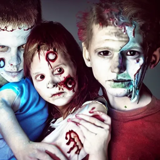 Prompt: a handsome young zombie family with a demonic young boy, scene from a future world where nanotechnology is ubiquitous
