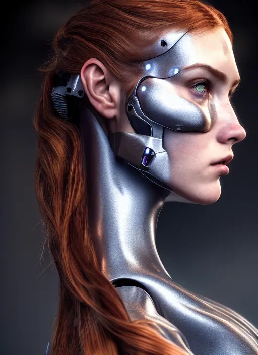 Image similar to a stunning young female cyborg profile face, by pre - raphaelite brotherhood, unreal engine, glamor shot, nikon d 7 5 0, closeup, f / 2. 8, low contrast, 1 6 k, rim lighting, optical fiber, cinematic lighting, insanely detailed and intricate, hypermaximalist, elegant, ornate, hyper realistic,