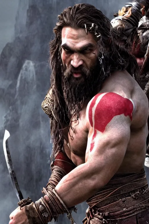 Image similar to film still from god of war, a highly detailed beautiful closeup photo of jason momoa!! kratos with long! windblown wet hair! holding a sword and fighting zombies on a pile of human skulls, spartan warrior, olympian god, muscular!!!, masculine confident pose, ambient lighting, volumetric lighting, octane, fantasy