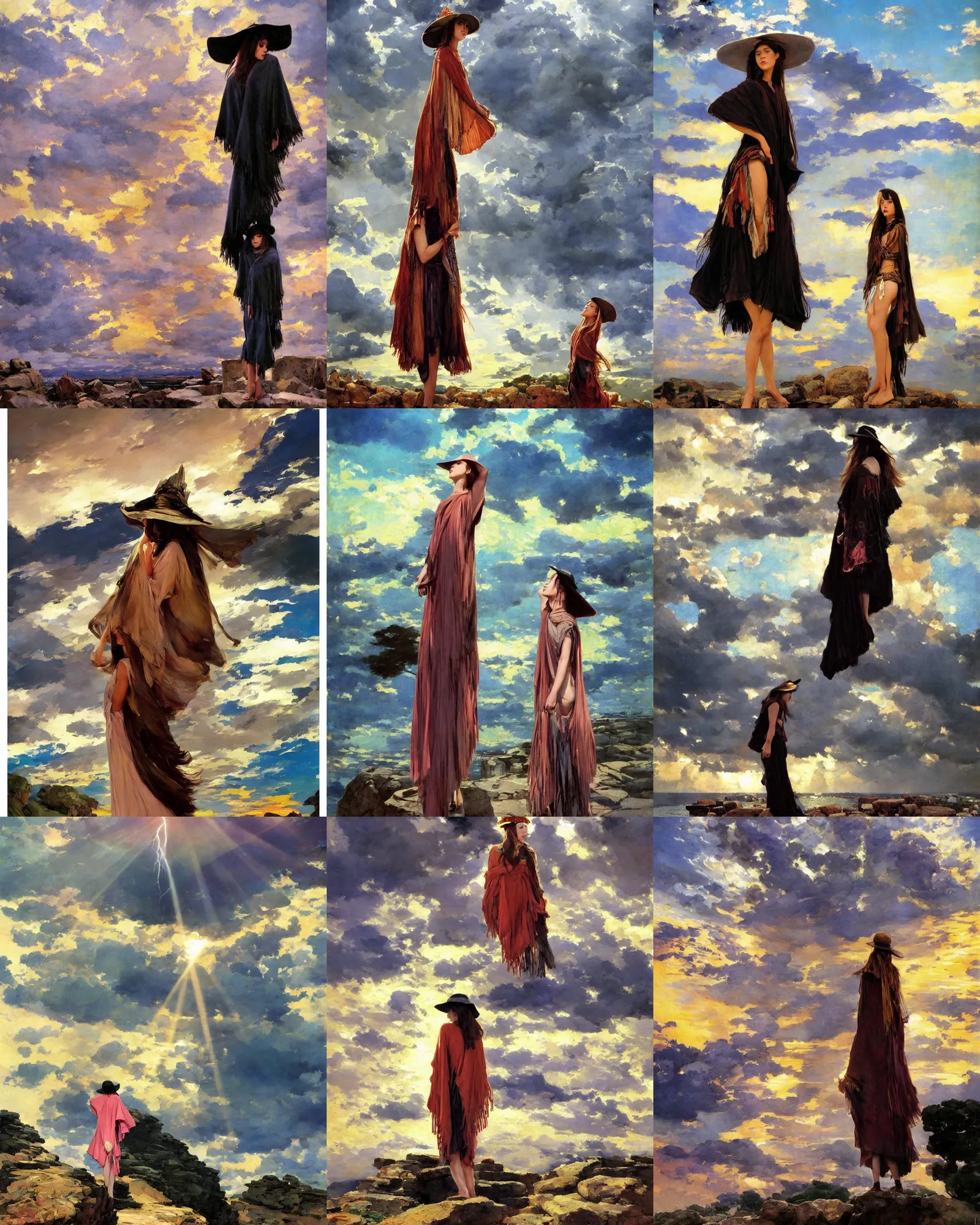 Prompt: dramatic light, thunder clouds in the sky, sunset clouds, god rays, travel poster, brutal shapes, shaman, portrait of single fashionable young woman wearing rich jewerly hat and boho poncho, pixiv, standing pose on stones, 1970s fashion, anime, studio ghiblil, artwork by Joaquin Sorolla and john william waterhouse and Denis Sarazhin and James Jean and klimt and van gogh and Dean Ellis and Detmold Charles Maurice