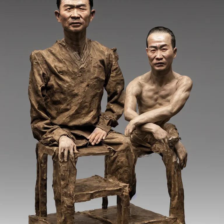 Prompt: hyperrealistic sculpture of a fossilized bronze male uyghur chinese prisoner in a cage made of low poly acrylic on a pedestal by ron mueck and duane hanson and lee bontecou, hyperrealistic dramatic colored lighting trending on artstation 8 k