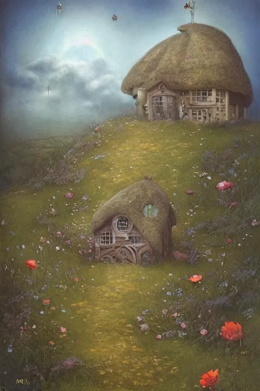 Image similar to beautiful matte painting of a cottage on a hill whimsical by brian froud and bridget bate tichenor