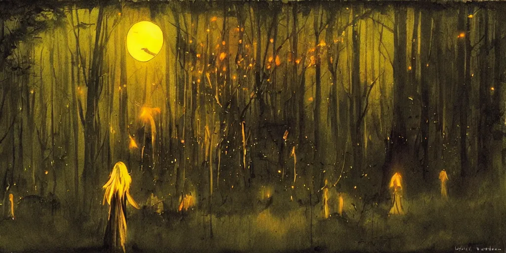 Image similar to forest mystical ceremony under the moon light, fireflies, ominous sky, by jeffrey catherine jones