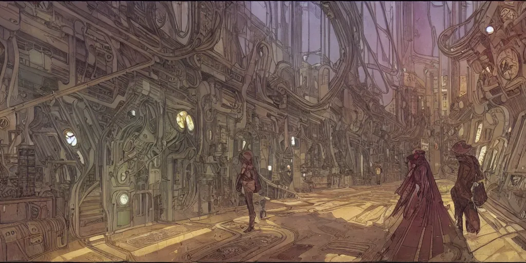 Image similar to steampunk starship hallway, kid and mad scientist walking, giant video screens, sci - fi, big interior plants, retrofuturism, concept art by mucha and moebius and victo ngai, architecture by francois schuiten, clean line, diesel punk, artstation