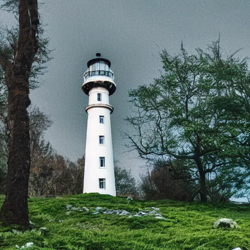 Prompt: photograph of a moss covered light house in the middle of a city on hills