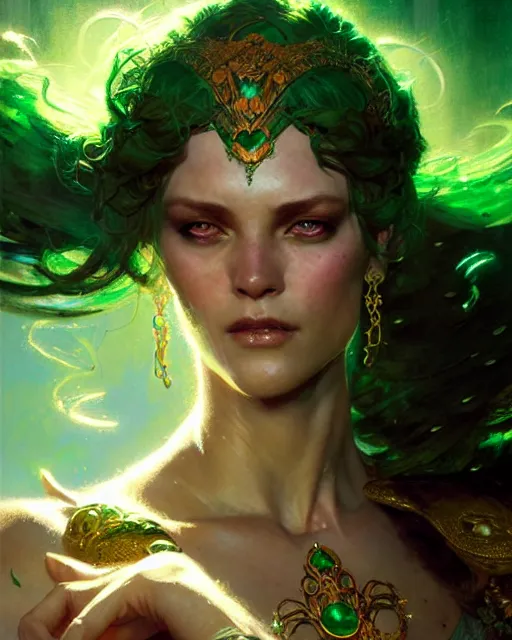 Image similar to emerald enchantress, fantasy character portrait, ultra realistic, concept art, intricate details, highly detailed by greg rutkowski, gaston bussiere, craig mullins, simon bisley, alphonso mucha