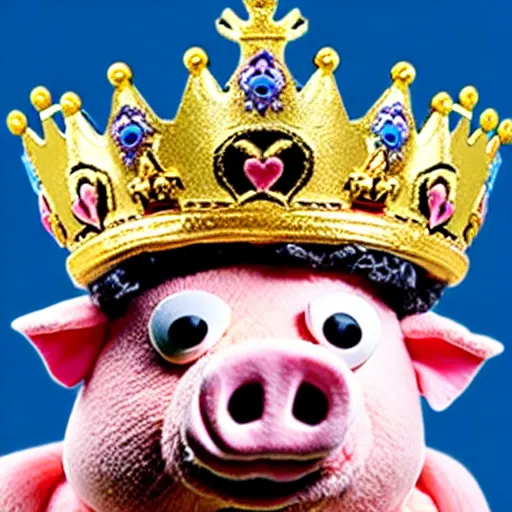 Prompt: photo of cute pig king wearing a gold crown depicted as a muppet