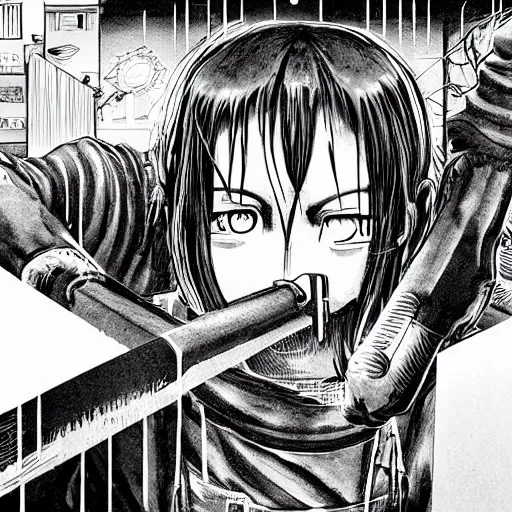 Image similar to close-up scene neighbor holding a drill and drilling holes in a room, all wall is drilled with holes, manga, professional manga artwork, very detailed, black and white manga horror in style of junji ito, kentaro miura, Tsutomu Nihei