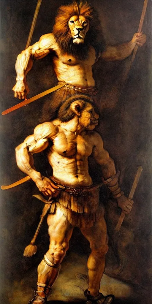 Prompt: muscular lion as barbarian hunter full body battle pose,human legs ,very textured detailed oil painting by rembrandt