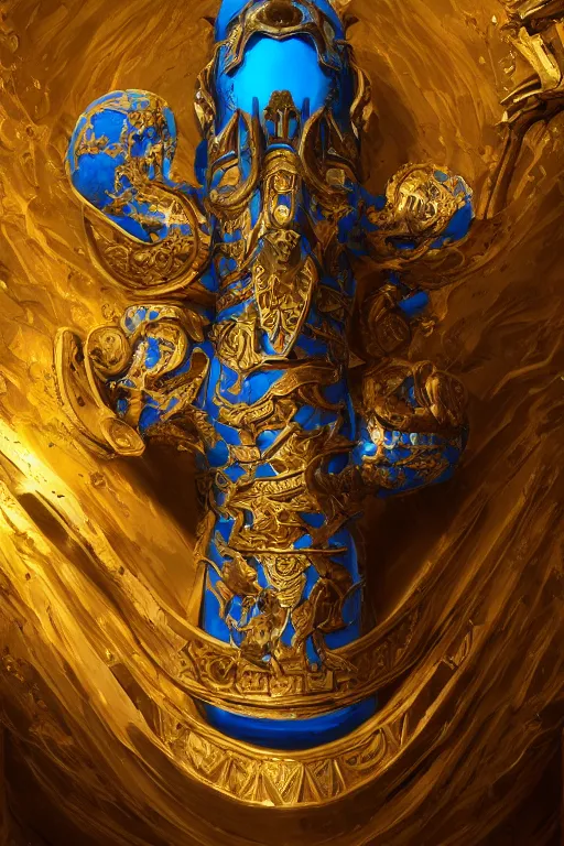 Prompt: fantasy greg rutkowski digital painting of an ornate and royal egyptian old twisted ornate engraved with gold wooden staff weapon with a radiant blue crystal on top tip hovering, unreal engine, hyper realism, realistic shading, cinematic composition, blender render, octane render, hdr, detailed textures, photorealistic, 3 5 mm film