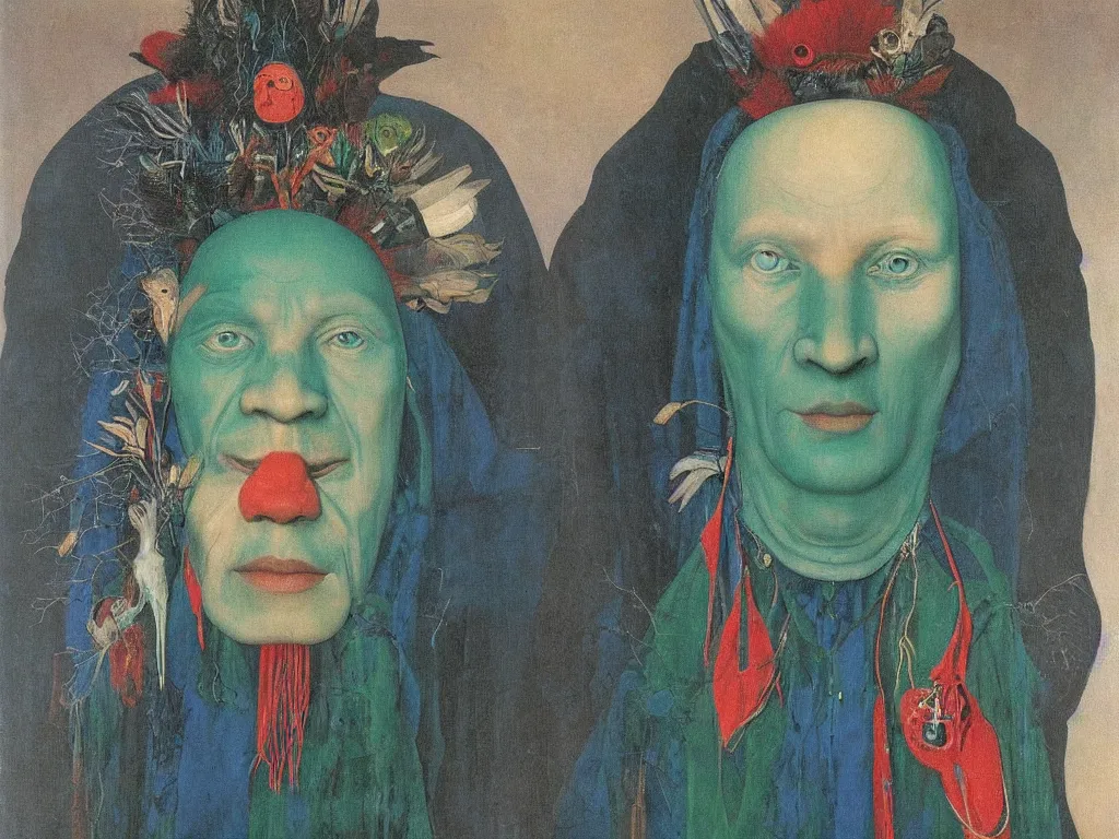 Prompt: Portrait of albino mystic with blue eyes, with sculpted shamanic mask made from jade. Painting by Jan van Eyck, Audubon, Rene Magritte, Agnes Pelton, Max Ernst, Walton Ford