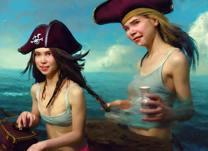 Image similar to wide view picture of a pirate girl, looking at the treasure box, hard breathing, messy hair, very excited, smiling, sparkling eyes, magic and fantasy, whale monsters, beautiful and aesthetic and attractive and detailed face, specular reflection, occlusion shadow, intricate, bokeh, masterpiece, by ilya kuvshinov and jeremy lipking and quentin mabille