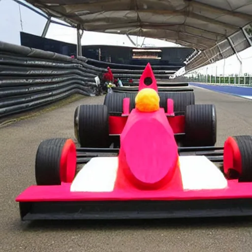 Prompt: a formula 1 racecar, made out of watermelon carving pieces,