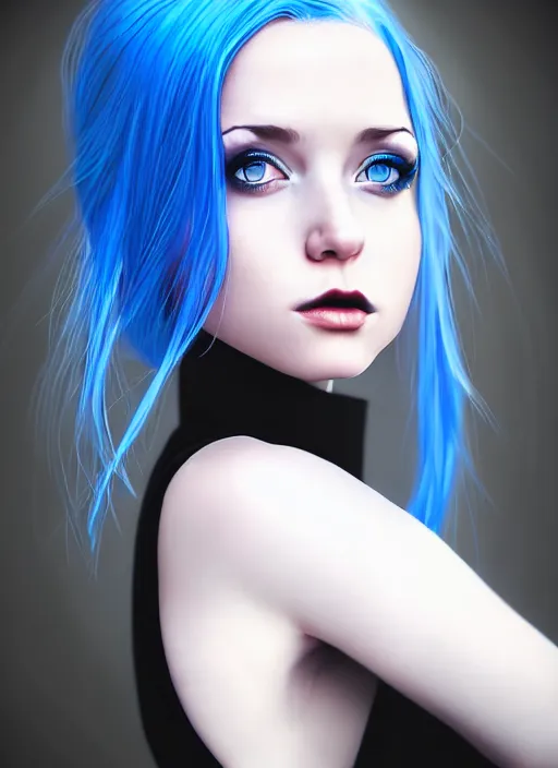 Image similar to hyper realistic photograph portrait of pretty girl with blue hair, wearing a little black dress, dramatic lighting by ilya kuvshinov