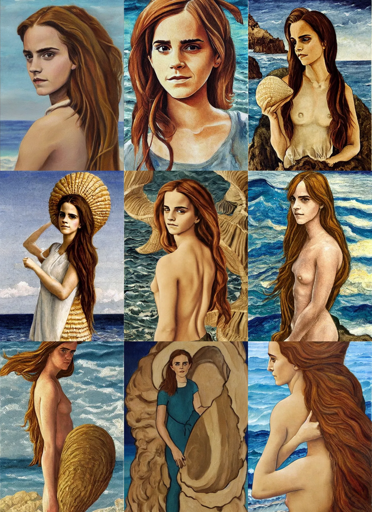 Prompt: Emma Watson with long hair standing in a huge seashell, painting by Butticelli