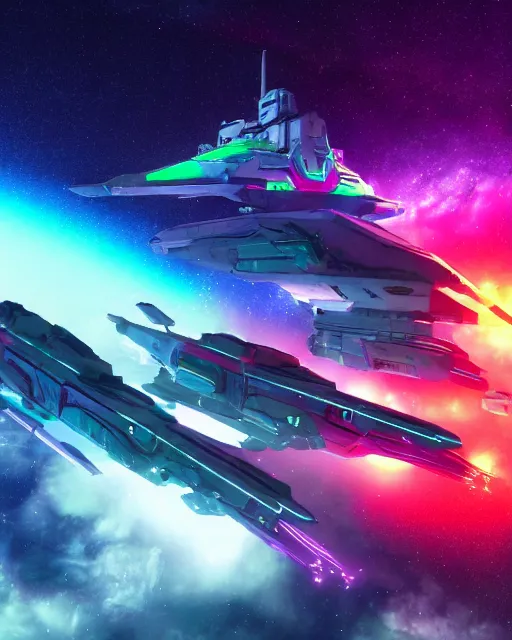 Prompt: Detailed epic render of scifi space battleship with vivid neon colors and atmosphere