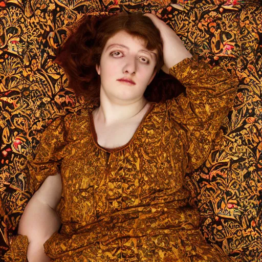 Image similar to preraphaelite photography reclining on bed, large eyes and nose and lips, big brown fringe, yellow ochre ornate medieval dress, william morris, 4 k