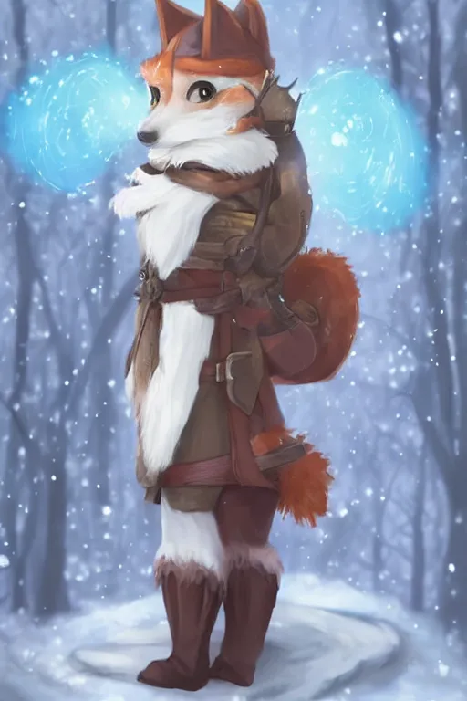 Image similar to a pretty medieval anthropomorphic snow fox ranger with a fluffy tail in the forest, comic art, trending on furaffinity, cartoon, kawaii, backlighting, furry art!!!, radiant light, bokeh, trending on artstation, digital art