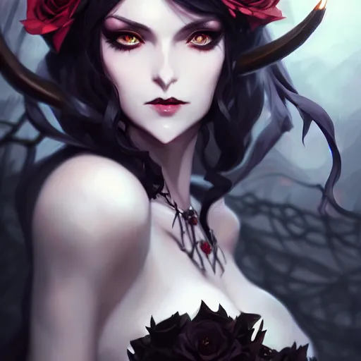 Image similar to beautifully dressed dark sorceress surrounded by black roses horns and skulls, cushart krenz, very detailed, realistic face, detailed face, matte, tonemapping, bbwchan, perfection, 4 k, cushart krenz