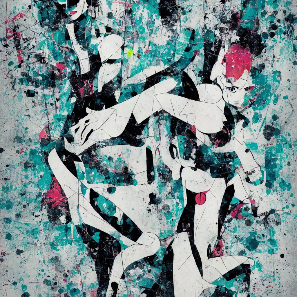 Image similar to girl figure, abstract, jet set radio artwork, ryuta ueda artwork, cryptic, rips, spots, asymmetry, stipple, lines, glitches, color tearing, pitch bending, stripes, dark, ominous, eerie, hearts, minimal, points, technical, old painting, natsumi mukai artwrok, folds