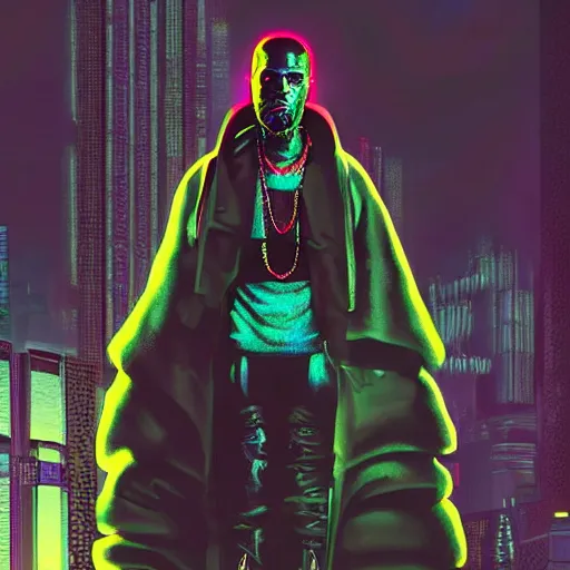 Prompt: cyberpunk kanye west character art, epic background, epic composition, hdr, full body gauche painting, arcane art style