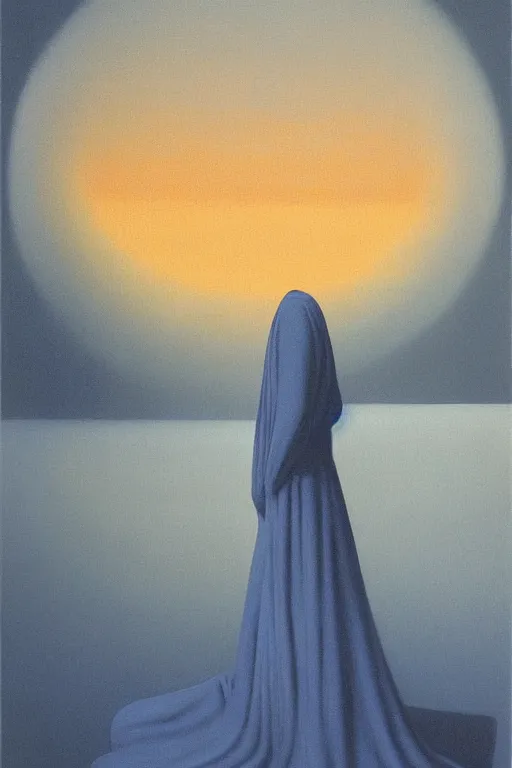 Image similar to girl with a long blue dress looking away on orange background by zdzisław beksinski