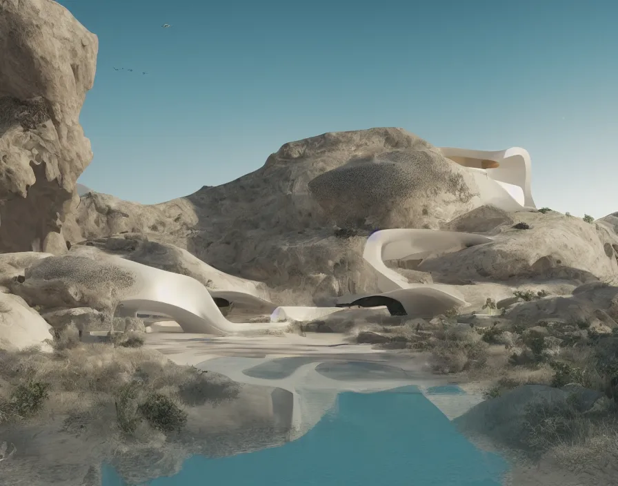 Prompt: desert, white, transitions between flying islands, minimalist architecture, stone grotto in the center, portal. zaha hadid, oscar niemeyer, architectural rendering. trending on artstation. vogue magazine. halo. octane rendering, cinematic, hyperrealism, bokeh. iridescent accents. teal gold and blue color scheme