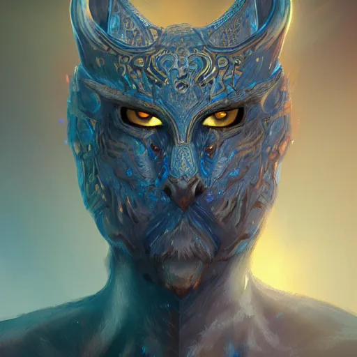 Image similar to a noble and fierce fantasy warrior, glowing blue eyes, face, fantasy world, intricate, elegant, highly detailed, digital painting, artstation, concept art, smooth, sharp focus, illustration