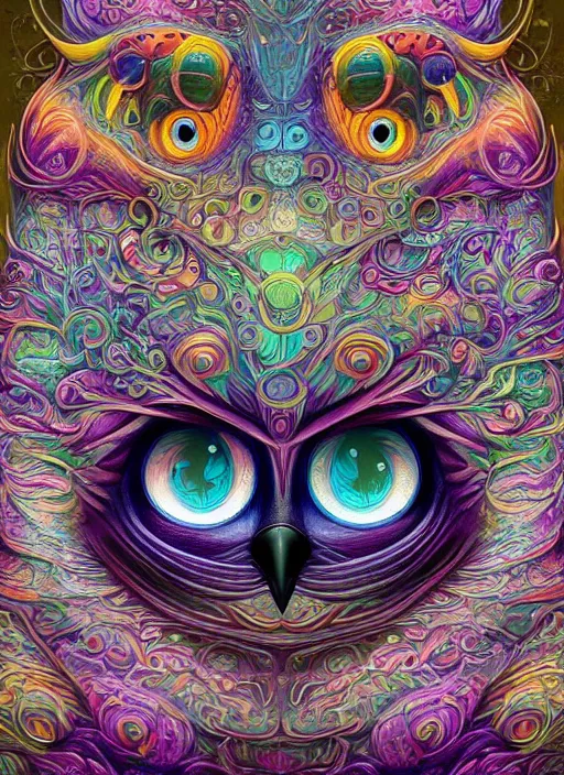 Prompt: a portrait of a psychedelic cat owl figure by naoto hattori, android jones, miyazaki hayao and chris dyer, deep bold colors, galactic entity, depth of field, intricate beautiful painting, billions of details, octane render, portal, 8 k, detailed vector, trending on artstation, cgisociety, wow!!!!!!