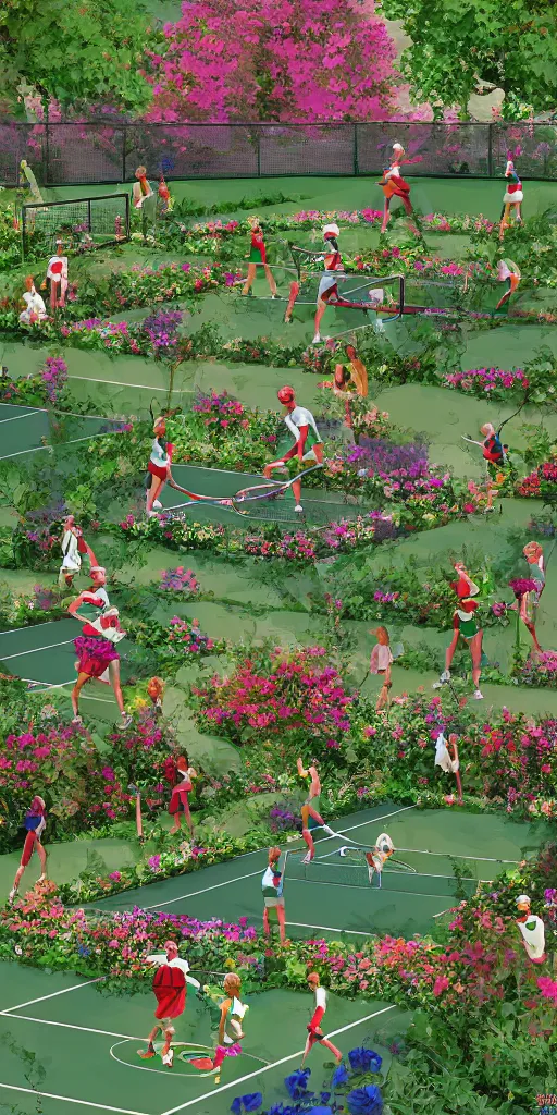 Image similar to Two elves playing tennis on a tennis court made of flowers, digital art