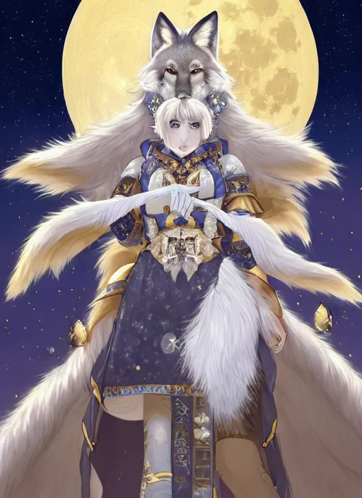 Image similar to commissioned full body portrait of a female anthro wolf princess fursona with a furry wolf head and white hair wearing a blue and gold Japanese armored dress in a white and gold palace on a starry night with a large crescent moon, by a professional manga illustrator, Stanley Artgerm Lau, WLOP, Rossdraws, James Jean, Andrei Riabovitchev, Marc Simonetti, and Sakimichan, trending on artstation