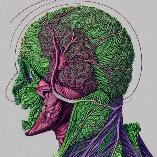 Image similar to the anatomy of a head of lettuce, an ultrafine detailed painting by james jean, intricate linework, bright colors, final fantasy, behance contest winner, vanitas, angular, altermodern, unreal engine, global illumination, radiant light, detailed and intricate environment