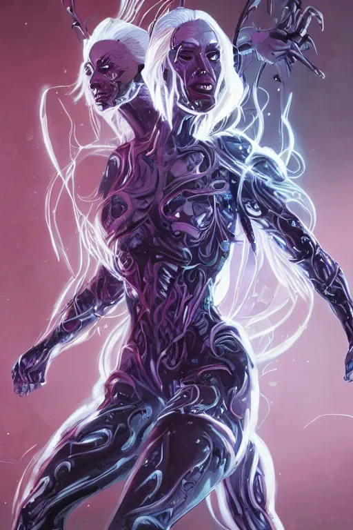 Image similar to comic art,Sprial, a gorgeous beautiful female six-armed Mutant and Cyborg Sorcerer with white hair long legs standing at a dimensional gateway,full character design,8k,art by Stanley Artgermm,Travis Charest,trending on Artstation,face enhance,hyper detailed,full of colour,cinematic,dynamic lighting