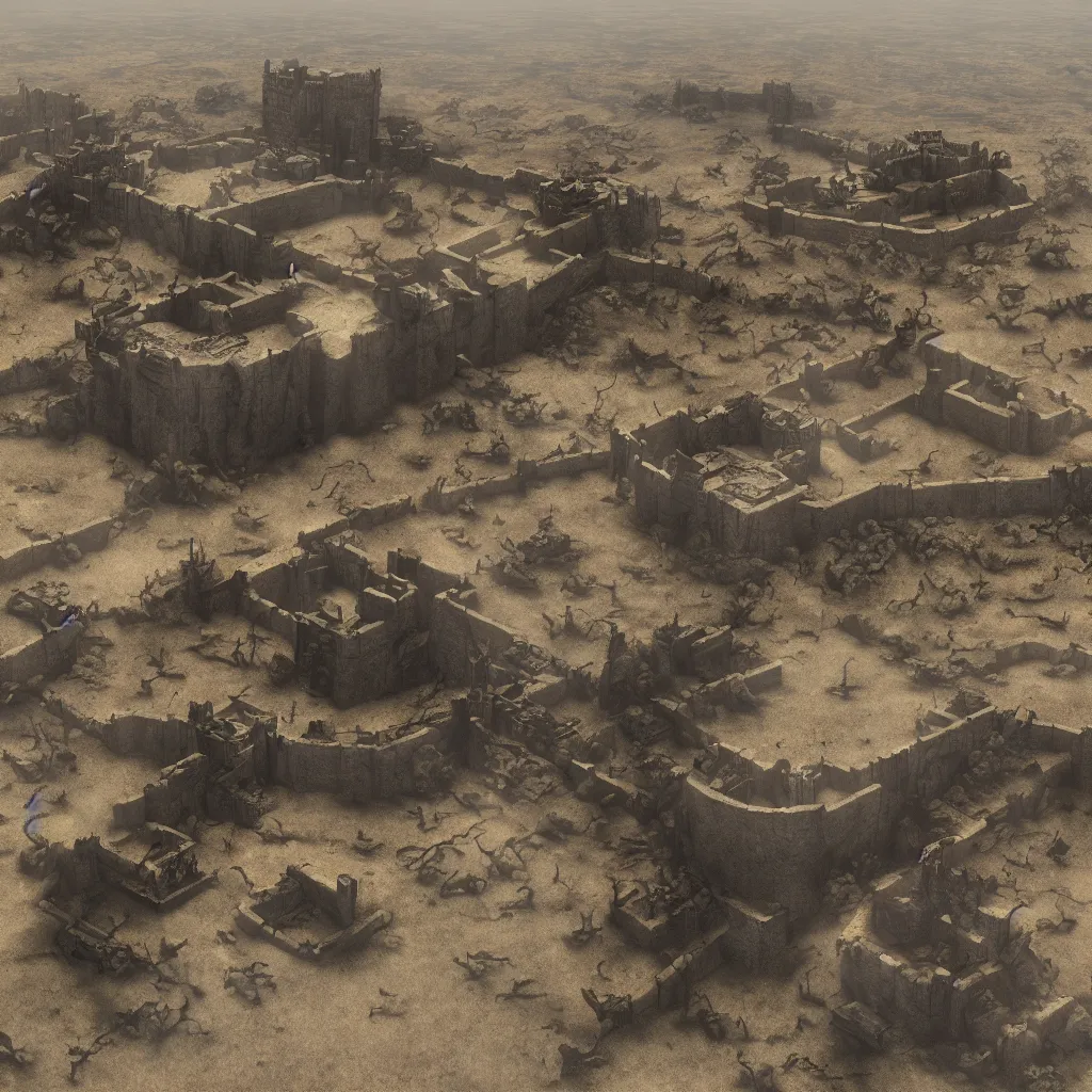Prompt: a fortress in the middle of a barren landscape, distant, leering, realistic, concept art, dramatic, artstation, war torn