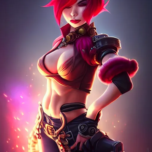 Image similar to portrait of Vi from League of Legends, by Fortiche Studio, from Netflix's Arcane, trending on artstation,fine details, realistic shaded, fine-face, foggy Steampunk city on the background, tattoo on face, red hair, painted texture, pretty face,by Artgerm