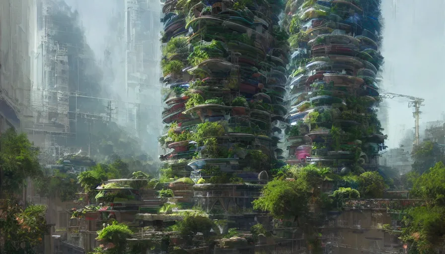 Image similar to craig mullins and ghibli digital illustration organized solarpunk tall vertical farms, scifi hydroponics, colorful, unreal engine, hyper realism, realistic shading, cinematic composition, realistic render, octane render, detailed textures, photorealistic, wide shot