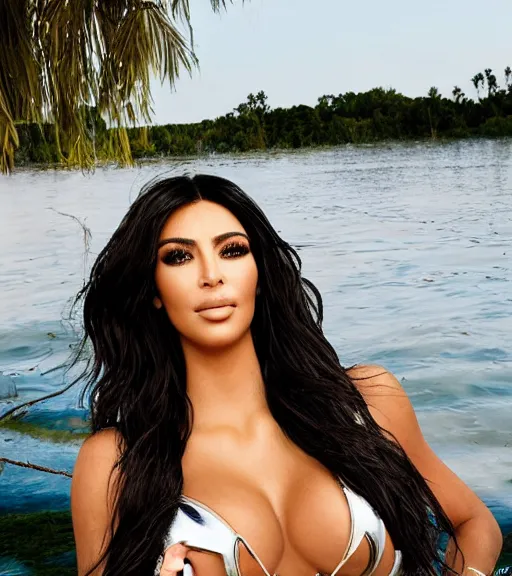 Image similar to professional photo of kim kardashian wearing a hooters uniform, laying by a lake, intricate, elegant, highly detailed, smooth, sharp focus.