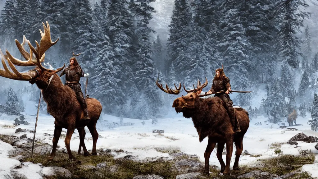 Image similar to a viking riding a moose, fantasy artwork, nordic scenery, snowy green mountain, hd, hdr, ue 5, ue 6, unreal engine 5, cinematic 4 k wallpaper, 8 k, ultra detailed, high resolution, artstation, award winning